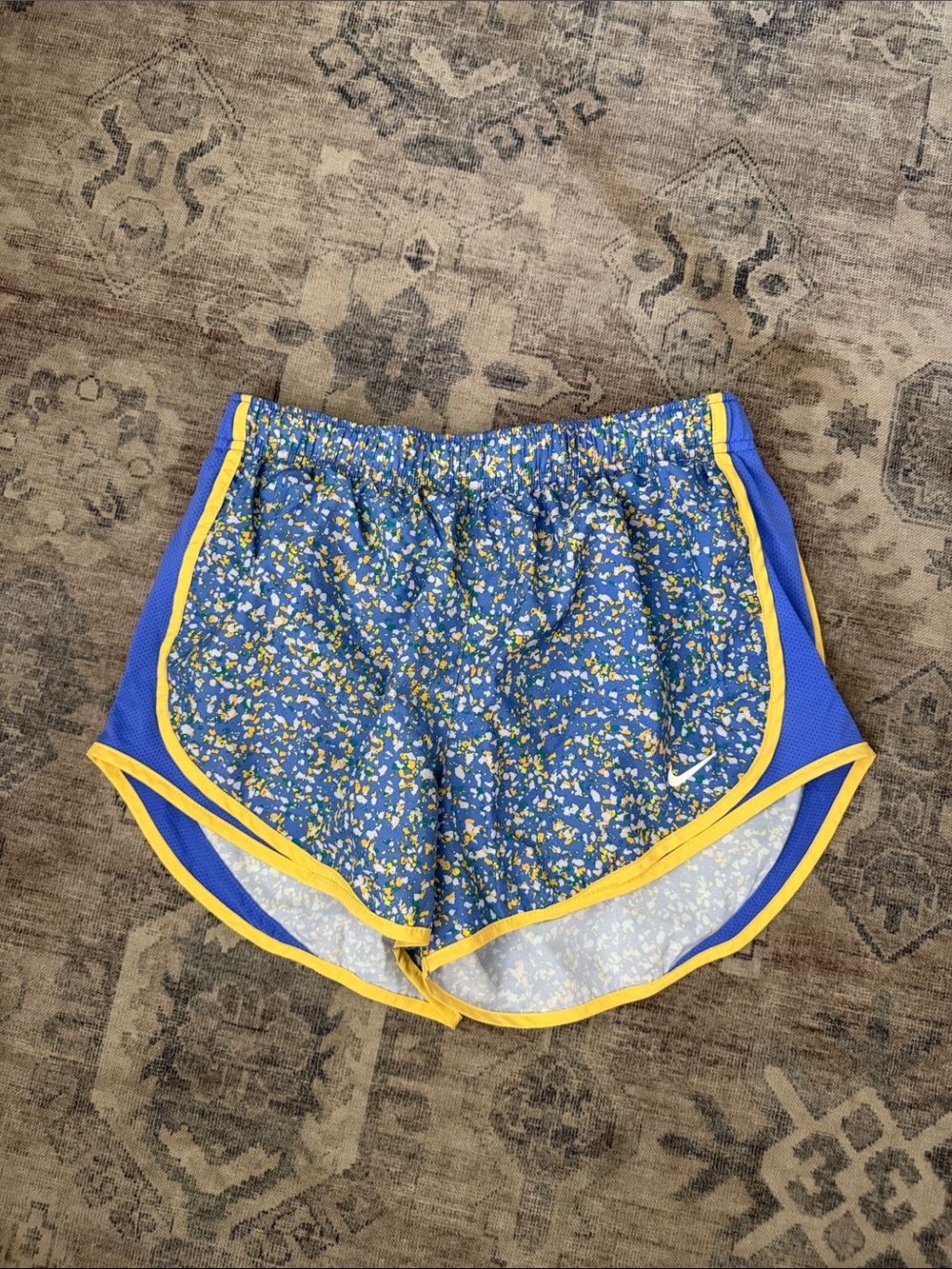 Nike Blue Floral Athletic Shorts with Yellow Trim